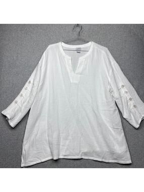 Chico's White Cotton Gauze Split Neck Tunic Sleeve Button Blouse 16/18  XL vaca